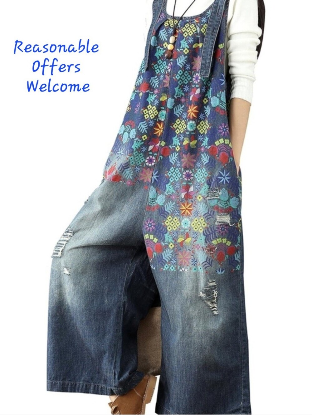 Embroidered Blue Denim Women's Overalls with Floral Motif NWT Size OS (One Size)